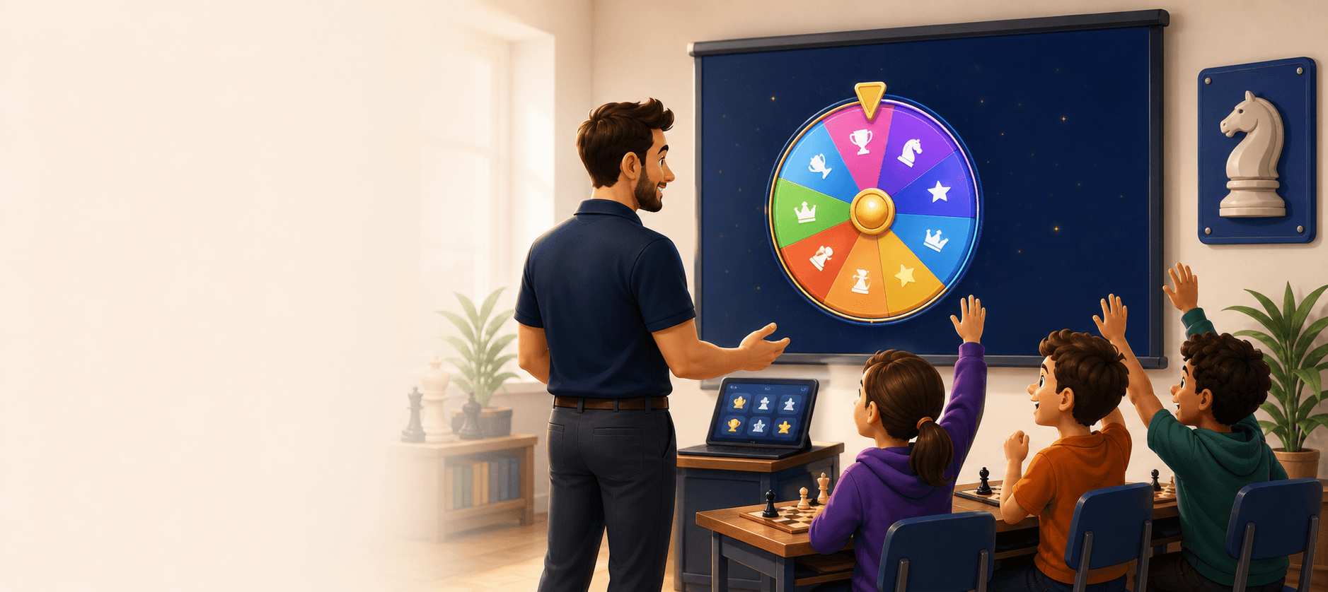 A chess coach running an interactive reward wheel with an excited class